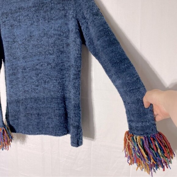 Vintage World Folk Art Imports Blue Wool Knit Sweater With Rainbow Fringe Trim M - Picture 12 of 15